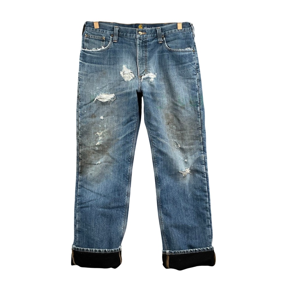 Carhartt Relaxed Fit Jeans Mens 36x33 Blue Distressed Fleece Lined Workwear Hike
